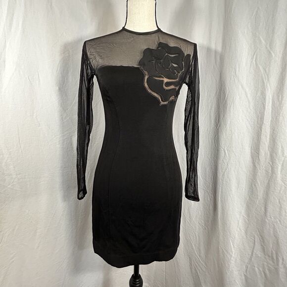 Cache Cache Dresses & Skirts - Vtg Caché Rose Applique Black Mesh Bodycon Mini Dress 80s 90s USA Made Size XS